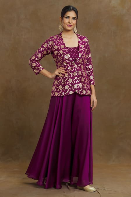 Samyukta Singhania Purple Top And Jacket Silk Floral Jacket Notched Lapel Patter & Palazzo Set 