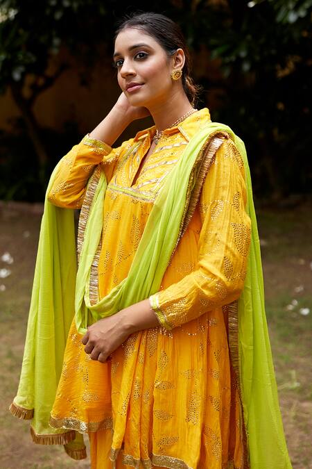 Nimbu Mirchi Yellow Chiffon, Chanderi Embroidery Collared Mukaish Bloom Kurta Dhoti Pant Set Online at Aza Fashions Nimbu Mirchi_Yellow Chiffon, Chanderi Embroidery Collared Mukaish Bloom Kurta Dhoti Pant Set_Online_at_Aza_Fashions