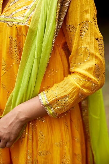 Buy Nimbu Mirchi Yellow Chiffon, Chanderi Embroidery Collared Mukaish Bloom Kurta Dhoti Pant Set Online at Aza Fashions Buy_Nimbu Mirchi_Yellow Chiffon, Chanderi Embroidery Collared Mukaish Bloom Kurta Dhoti Pant Set_Online_at_Aza_Fashions