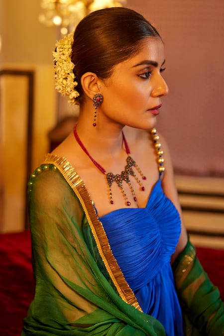 Nimbu Mirchi_Blue Chiffon, Crepe Beads, Tassels Royal Beaded Strap Gown With Dupatta _Online_at_Aza_Fashions