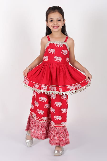 Lil Drama_Red Viscose Gota Patti, Trunk Tales Elephant Print Kurta And Sharara Set _Online_at_Aza_Fashions