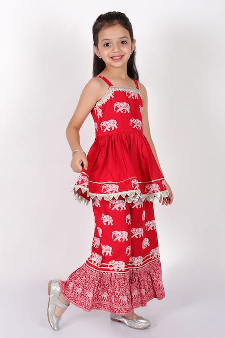 Buy_Lil Drama_Red Viscose Gota Patti, Trunk Tales Elephant Print Kurta And Sharara Set _Online_at_Aza_Fashions