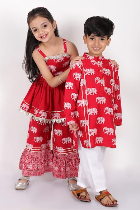 Shop_Lil Drama_Red Viscose Gota Patti, Trunk Tales Elephant Print Kurta And Sharara Set _Online_at_Aza_Fashions