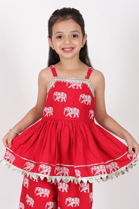 Buy_Lil Drama_Red Viscose Gota Patti, Trunk Tales Elephant Print Kurta And Sharara Set 