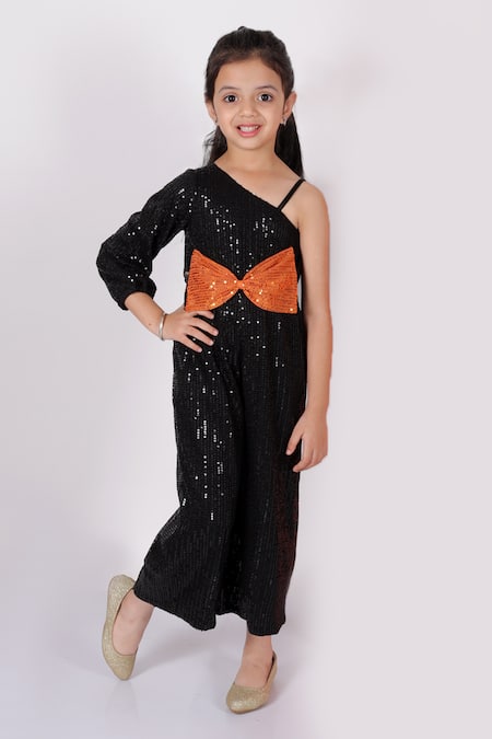 Lil Drama Black Polyester Sequins Embroidered One Shoulder Jumpsuit 