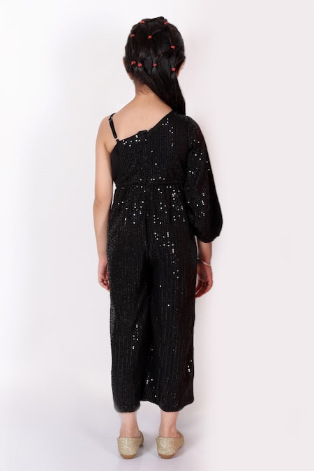Shop Lil Drama Black Polyester Sequins Embroidered One Shoulder Jumpsuit at Aza Fashions Shop_Lil Drama_Black Polyester Sequins Embroidered One Shoulder Jumpsuit _at_Aza_Fashions