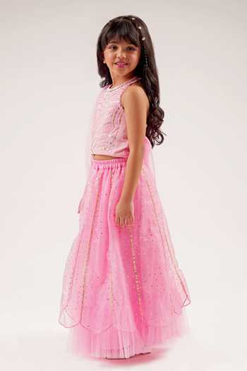 Lil Drama_Pink Cotton Satin, Chiffon Sequins, Bollywood Tadka Ghagra Choli Set _Online_at_Aza_Fashions