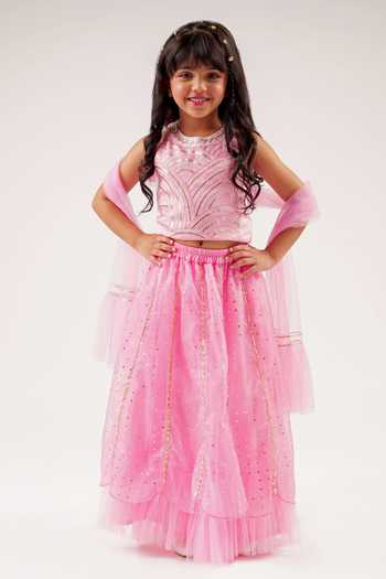 Lil Drama_Pink Cotton Satin, Chiffon Sequins, Bollywood Tadka Ghagra Choli Set _at_Aza_Fashions
