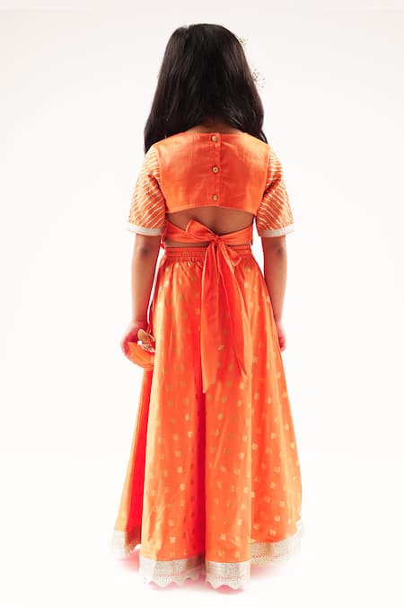 Shop_Lil Drama_Orange Cotton Satin Gota Patti, Foil Printing, Embroidery Mehfil Ghagra Set _at_Aza_Fashions