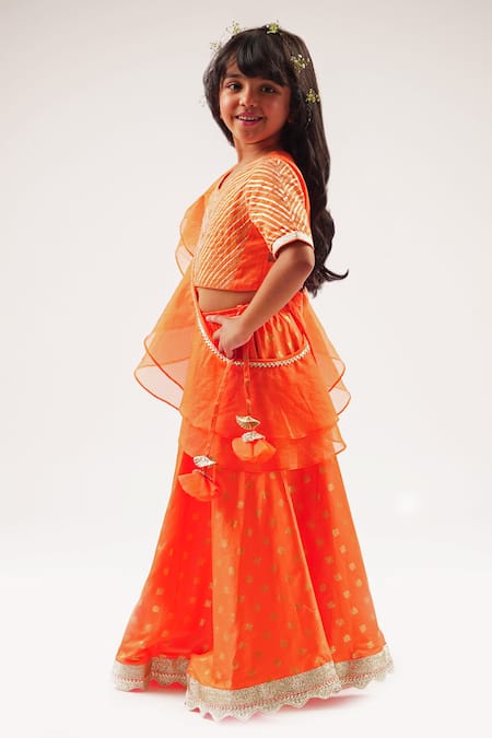 Lil Drama_Orange Cotton Satin Gota Patti, Foil Printing, Embroidery Mehfil Ghagra Set _Online_at_Aza_Fashions