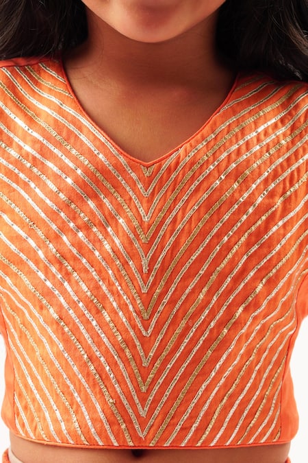 Buy_Lil Drama_Orange Cotton Satin Gota Patti, Foil Printing, Embroidery Mehfil Ghagra Set _Online_at_Aza_Fashions