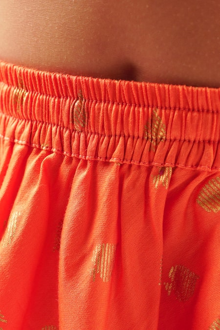 Shop_Lil Drama_Orange Cotton Satin Gota Patti, Foil Printing, Embroidery Mehfil Ghagra Set _Online_at_Aza_Fashions