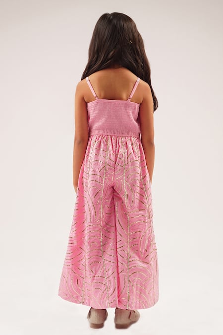 Shop Lil Drama Pink Cotton Satin Embroidery, Applique Bollywood Tadka 3d Floral Jumpsuit at Aza Fashions Shop_Lil Drama_Pink Cotton Satin Embroidery, Applique Bollywood Tadka 3d Floral Jumpsuit _at_Aza_Fashions