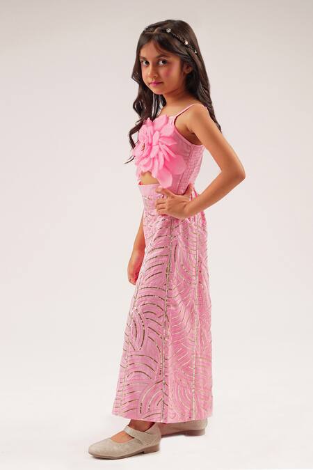 Lil Drama Pink Cotton Satin Embroidery, Applique Bollywood Tadka 3d Floral Jumpsuit Online at Aza Fashions Lil Drama_Pink Cotton Satin Embroidery, Applique Bollywood Tadka 3d Floral Jumpsuit _Online_at_Aza_Fashions