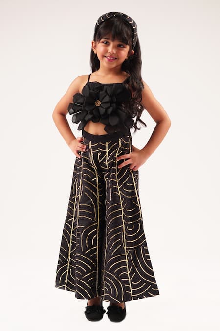 LIL DRAMA Black Cotton Satin Embroidery 3d Floral Bollywood Tadka Flower Jumpsuit 