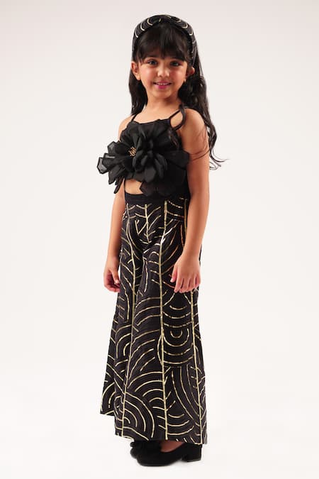 Lil Drama Black Cotton Satin Gota Patti, Embroidery Bollywood Tadka 3d Flower Jumpsuit Online at Aza Fashions Lil Drama_Black Cotton Satin Gota Patti, Embroidery Bollywood Tadka 3d Flower Jumpsuit _Online_at_Aza_Fashions