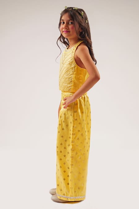 LIL DRAMA_Yellow Cotton Satin Gota Patti, Foil Printing, Mehfil Crop Top And Pant Set _Online_at_Aza_Fashions