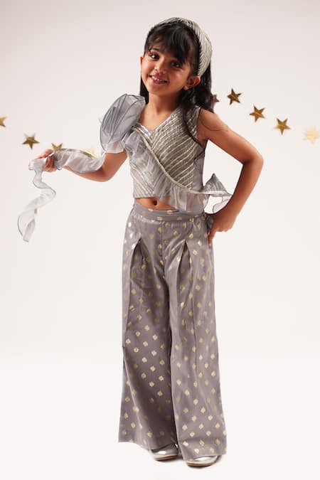 LIL DRAMA Grey Cotton Satin Embroidery Gota Mehfil Patti Top And Pant Set 