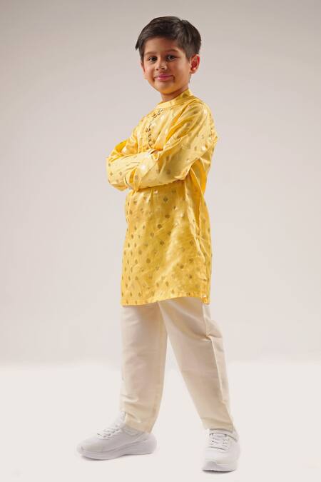Lil Drama_Yellow Cotton Satin Gota Patti, Foil Printing Mehfil Spade Kurta Set _at_Aza_Fashions