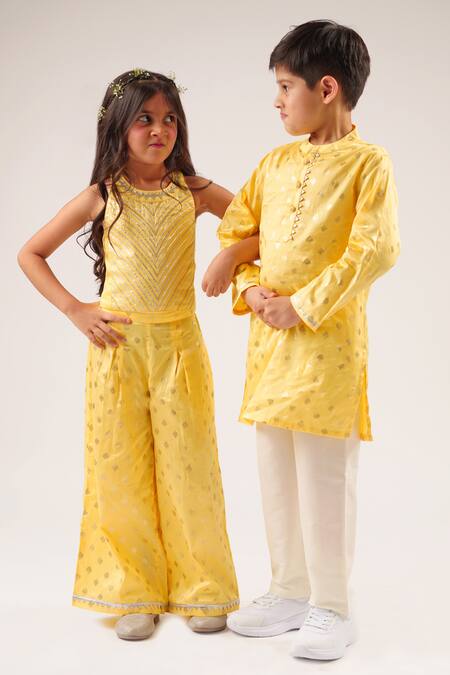 Buy_Lil Drama_Yellow Cotton Satin Gota Patti, Foil Printing Mehfil Spade Kurta Set 