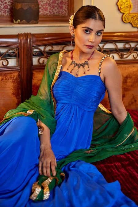 Nimbu Mirchi Royal Blue Beaded Strap Gown With Dupatta 