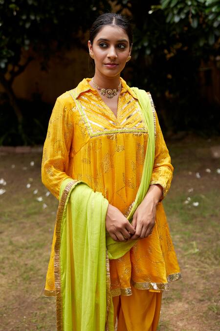 Nimbu Mirchi Yellow Chiffon, Chanderi Embroidery Collared Mukaish Bloom Kurta Dhoti Pant Set at Aza Fashions Nimbu Mirchi_Yellow Chiffon, Chanderi Embroidery Collared Mukaish Bloom Kurta Dhoti Pant Set_at_Aza_Fashions