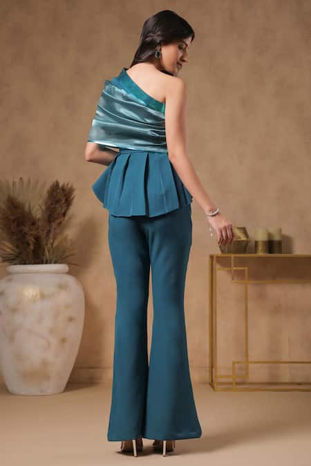 Shop B'Infinite Blue Organza, Crepe Sequins Lagoon Neck Embellished Peplum Top And Trouser Set at Aza Fashions Shop_B'Infinite_Blue Organza, Crepe Sequins Lagoon Neck Embellished Peplum Top And Trouser Set _at_Aza_Fashions