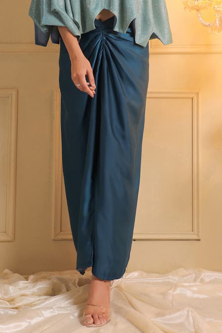 B'Infinite_Blue Satin Celestial Solid Draped Skirt _Online_at_Aza_Fashions