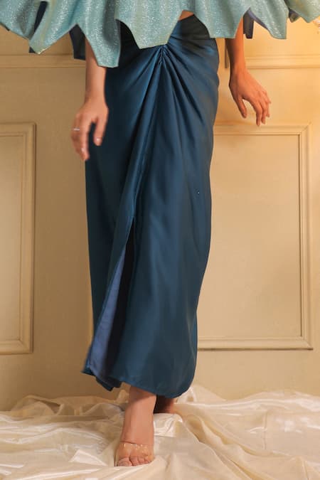 Buy_B'Infinite_Blue Satin Celestial Solid Draped Skirt _Online_at_Aza_Fashions