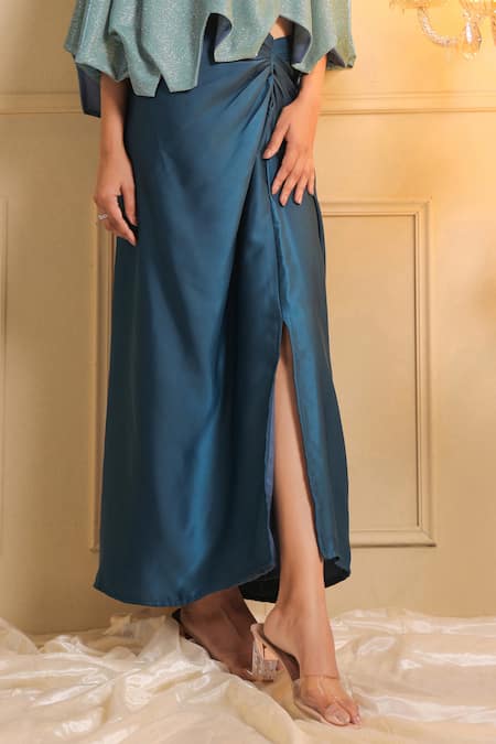 B'Infinite_Blue Satin Celestial Solid Draped Skirt _at_Aza_Fashions