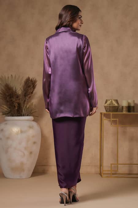 Shop_B'Infinite_Purple Organza Square Neck Royal Amethyst Solid Blazer Skirt Set_at_Aza_Fashions