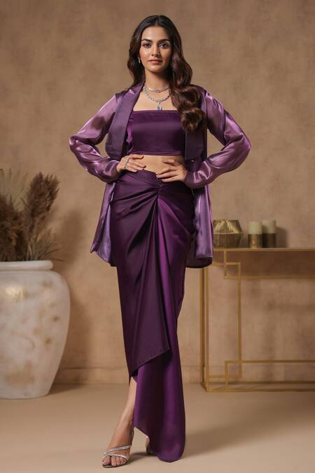 B'Infinite_Purple Organza Square Neck Royal Amethyst Solid Blazer Skirt Set_Online_at_Aza_Fashions