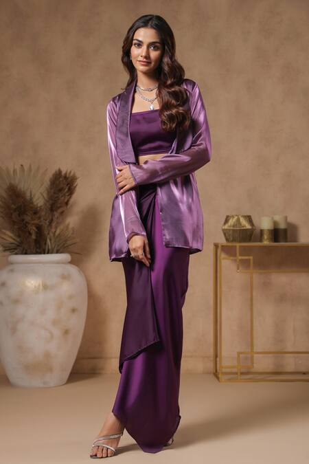 Buy_B'Infinite_Purple Organza Square Neck Royal Amethyst Solid Blazer Skirt Set_Online_at_Aza_Fashions