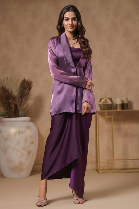 Shop_B'Infinite_Purple Organza Square Neck Royal Amethyst Solid Blazer Skirt Set_Online_at_Aza_Fashions