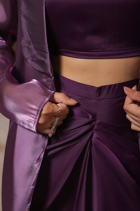 Buy_B'Infinite_Purple Organza Square Neck Royal Amethyst Solid Blazer Skirt Set