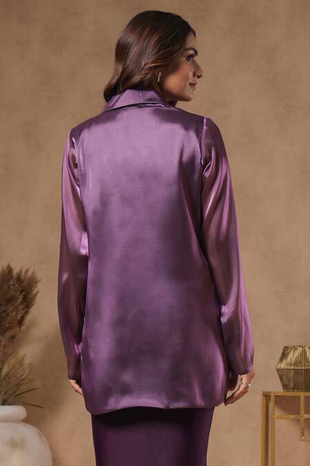 Shop B'Infinite Purple Organza Square Neck Royal Amethyst Solid Blazer With Bralette at Aza Fashions Shop_B'Infinite_Purple Organza Square Neck Royal Amethyst Solid Blazer With Bralette_at_Aza_Fashions