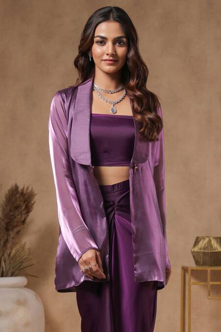 Shop B'Infinite Purple Organza Square Neck Royal Amethyst Solid Blazer With Bralette Shop_B'Infinite_Purple Organza Square Neck Royal Amethyst Solid Blazer With Bralette