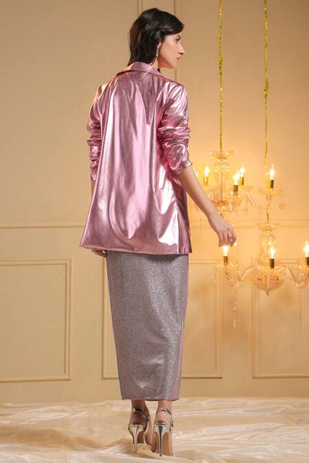 Buy Pink Shiny Lycra Solid Blazer Lapel Blush Radiance Mercury