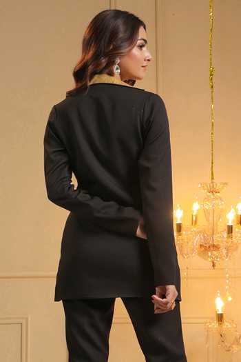 Shop B'Infinite Black Crepe Solid Lapel Collar Classic Radiance Blazer at Aza Fashions Shop_B'Infinite_Black Crepe Solid Lapel Collar Classic Radiance Blazer_at_Aza_Fashions