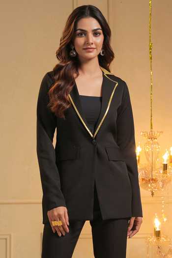Buy B'Infinite Black Crepe Solid Lapel Collar Classic Radiance Blazer Online at Aza Fashions Buy_B'Infinite_Black Crepe Solid Lapel Collar Classic Radiance Blazer_Online_at_Aza_Fashions