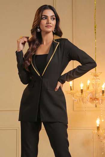 Shop B'Infinite Black Crepe Solid Lapel Collar Classic Radiance Blazer Online at Aza Fashions Shop_B'Infinite_Black Crepe Solid Lapel Collar Classic Radiance Blazer_Online_at_Aza_Fashions