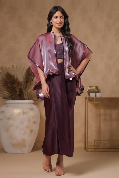 B'Infinite Purple Organza V-neck Shimmer Placket Cape Skirt Set 