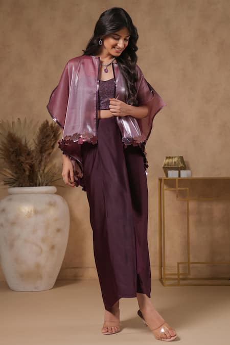 Shop B'Infinite Purple Organza V-neck Shimmer Placket Cape Skirt Set Online at Aza Fashions Shop_B'Infinite_Purple Organza V-neck Shimmer Placket Cape Skirt Set _Online_at_Aza_Fashions