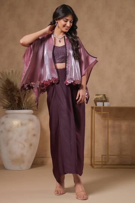 B'Infinite Purple Organza V-neck Shimmer Placket Cape Skirt Set at Aza Fashions B'Infinite_Purple Organza V-neck Shimmer Placket Cape Skirt Set _at_Aza_Fashions