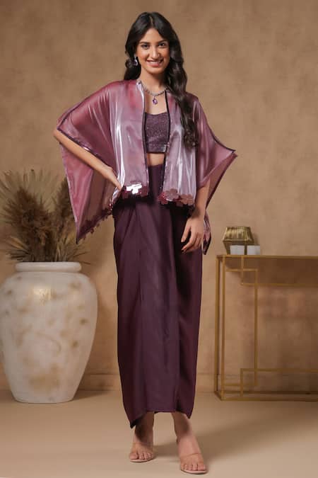 Buy B'Infinite Purple Organza V-neck Shimmer Placket Cape Skirt Set Buy_B'Infinite_Purple Organza V-neck Shimmer Placket Cape Skirt Set
