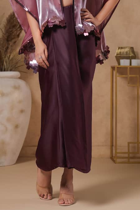B'Infinite_Wine Satin Rasin Solid Long Skirt _at_Aza_Fashions