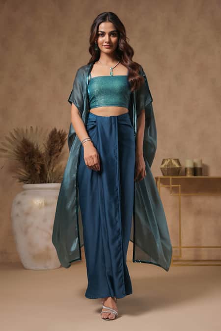 B'Infinite_Blue Organza Sequins Square Neck Lagoon Placket Embellished Cape Skirt Set _Online_at_Aza_Fashions