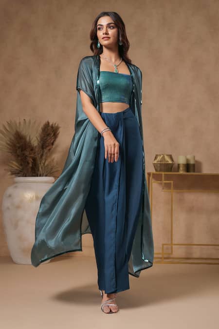 Buy_B'Infinite_Blue Organza Sequins Square Neck Lagoon Placket Embellished Cape Skirt Set _Online_at_Aza_Fashions