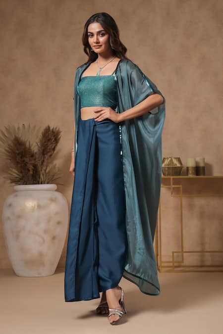 Shop_B'Infinite_Blue Organza Sequins Square Neck Lagoon Placket Embellished Cape Skirt Set _Online_at_Aza_Fashions