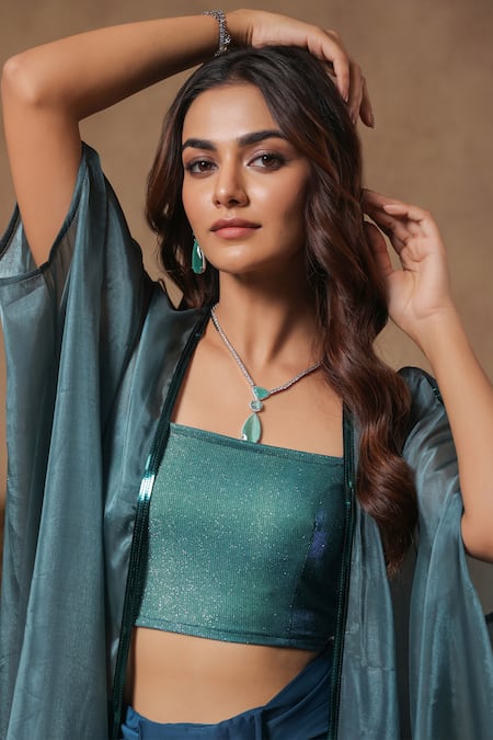 B'Infinite_Blue Organza Sequins Square Neck Lagoon Placket Embellished Cape Skirt Set _at_Aza_Fashions